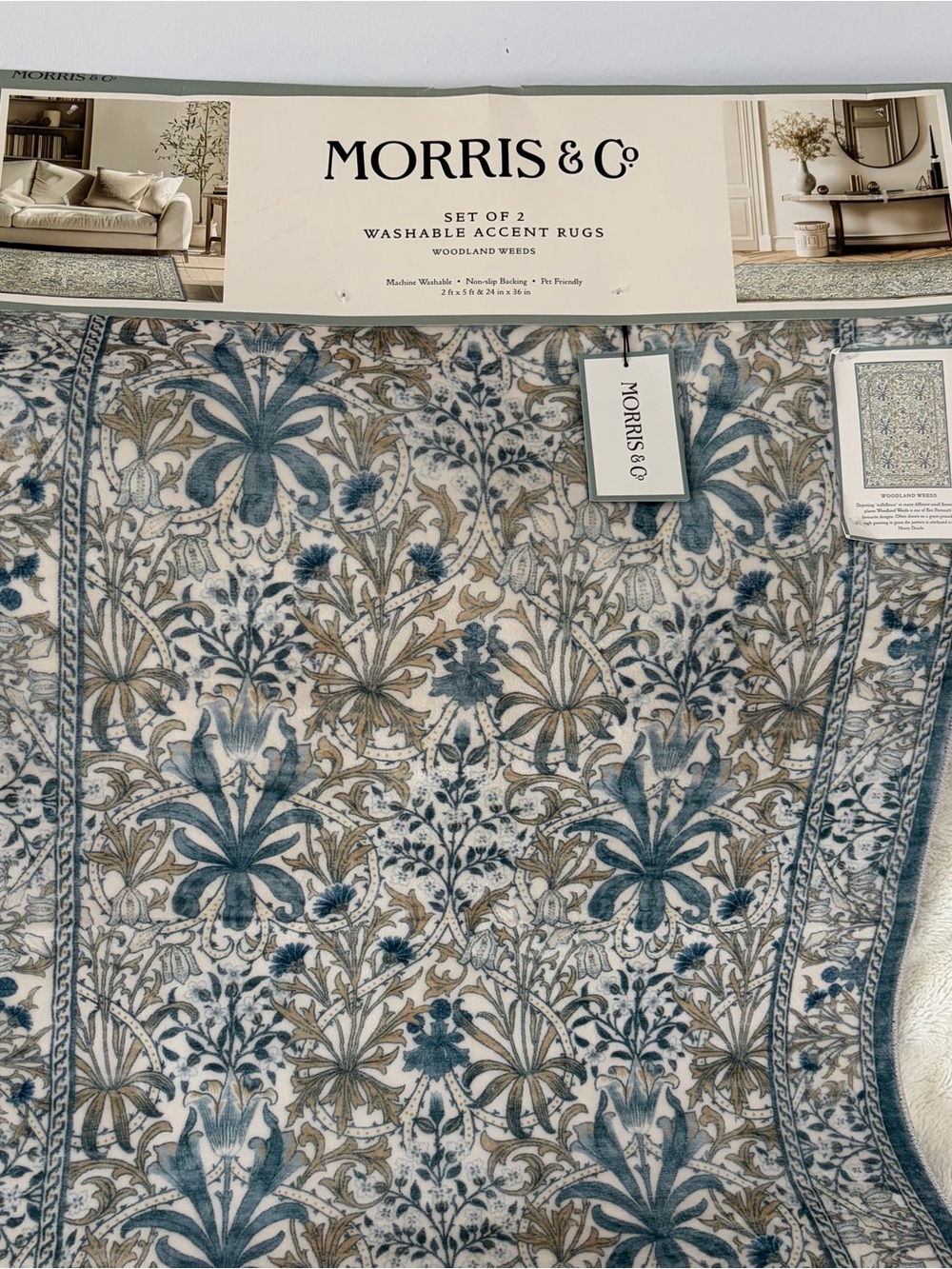 NWT Morris & Co Woodland Weeds Accent Rug Blue & Tan Floral S/2